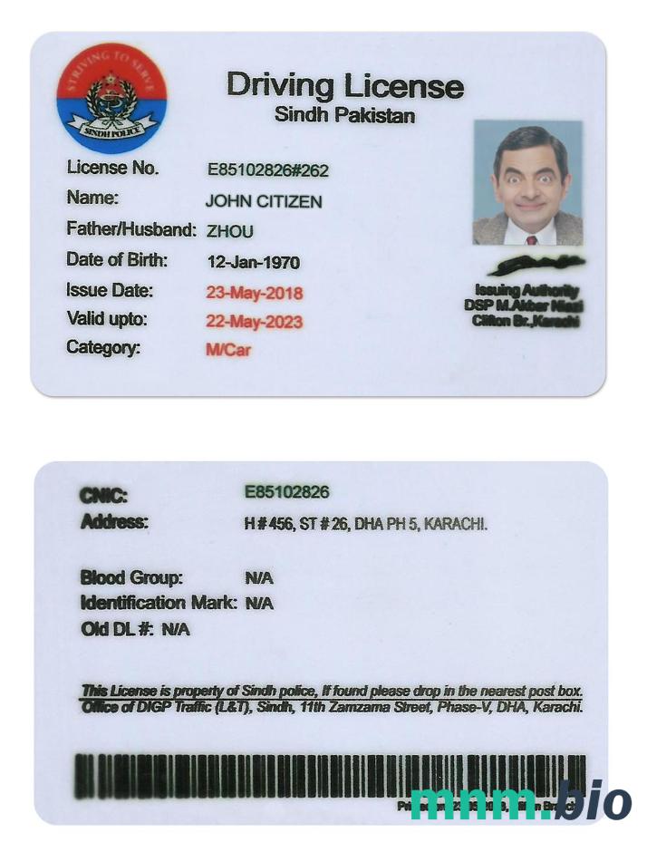 Pakistan Sindh province driving license PSD szablon, (stara wersja do 2016 r.)